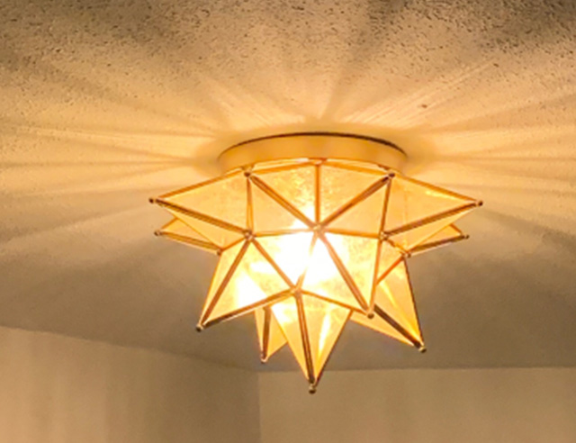 Brass Moravian Star Ceiling Light Seeded Glass 15-Inch