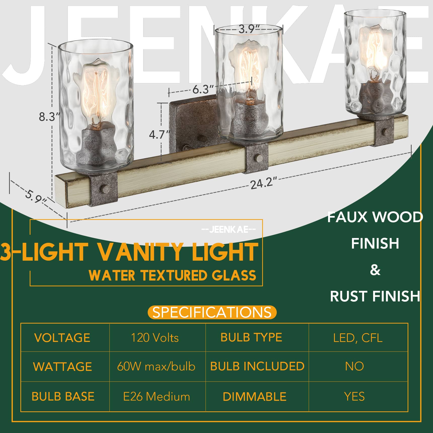 Farmhouse 3-Light Vanity Lights for Bathroom, Rust & Antique Wood Finish