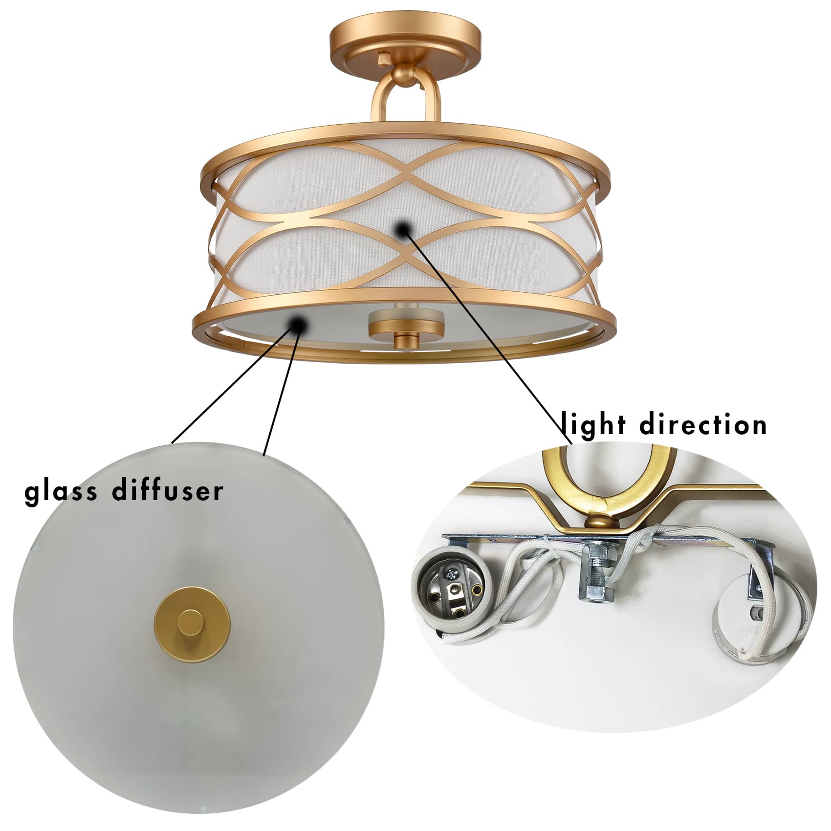 Modern Ceiling Light Semi Flush Mount With Linen Shade Brass