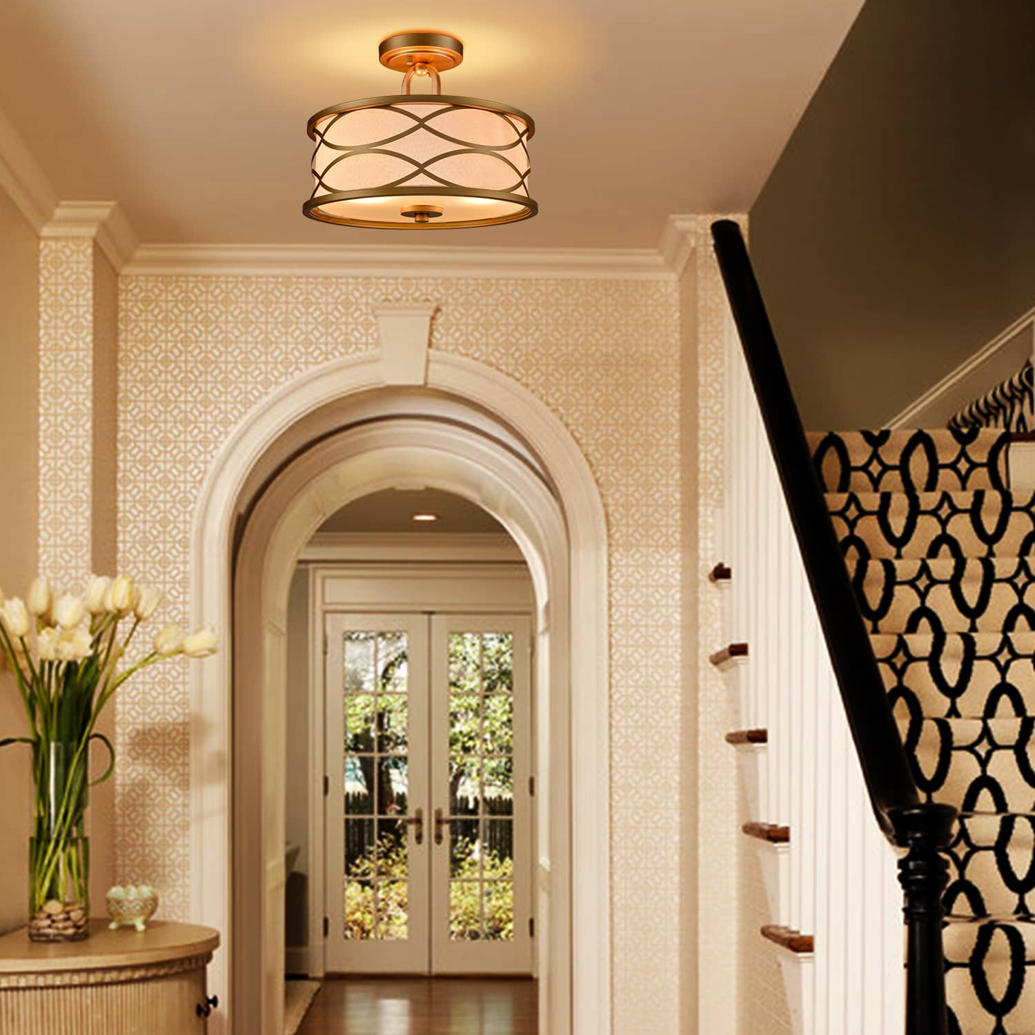 Modern Ceiling Light Semi Flush Mount With Linen Shade Brass