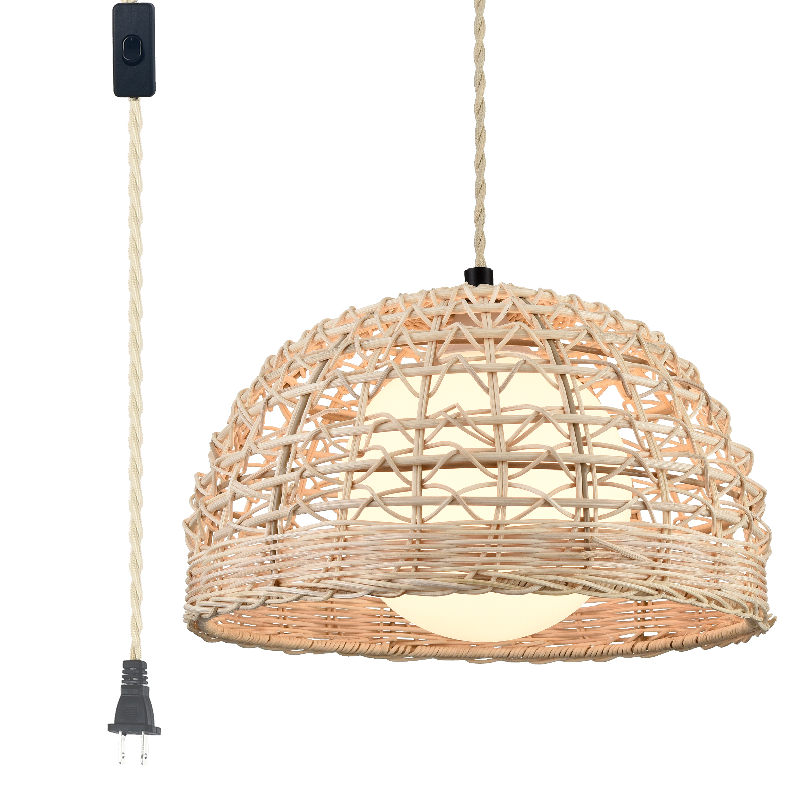 Boho Rattan Hanging Lamp  Plug in Cord with Plastic Shade