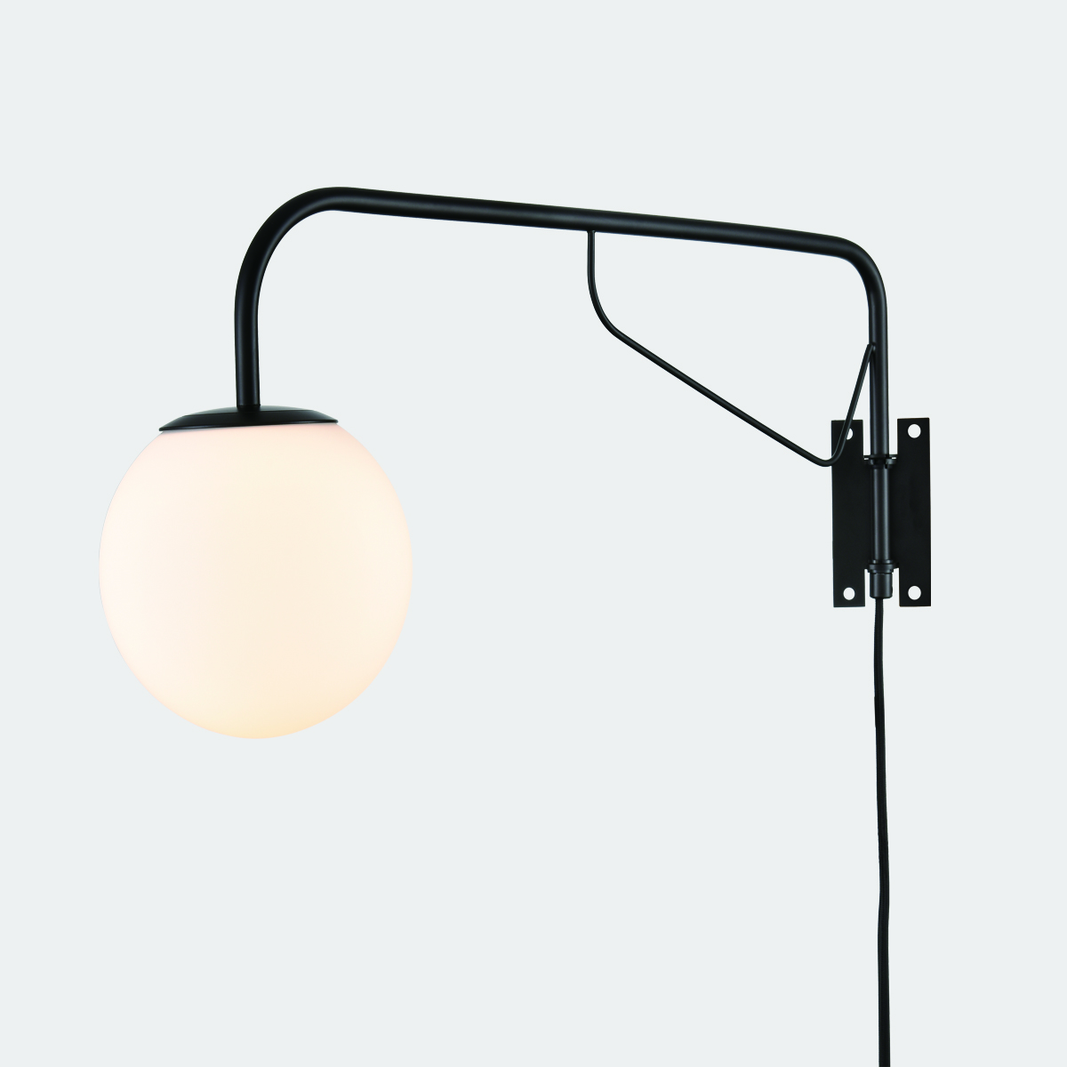 Modern Black Plug in Swing Arm Wall Lamp with On/Off Switch Wall Sconce Milky Globe Glass Shade for Bedroom