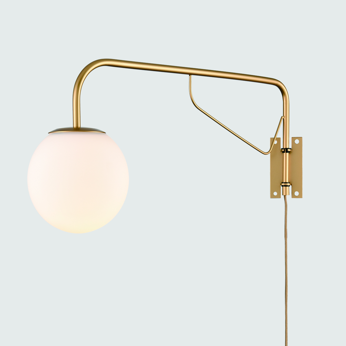 Modern Gold Plug in Swing Arm Wall Lamp with On/Off Switch Wall Sconce Milky Globe Glass Shade for Bedroom