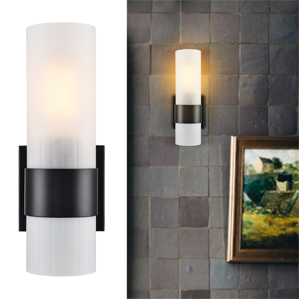 Modern Black with Frosted Glass Cylinder Wall Sconce 1-Light Bathroom Bedroom Vanity Lights Fixture Over Mirror