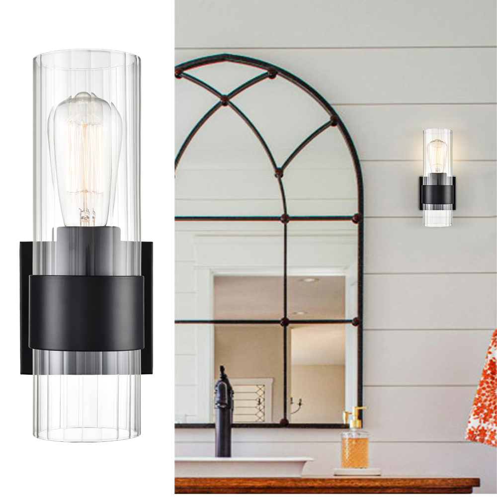Modern Black Wall Sconce Vanity Light Fixture with Clear Cylinder Glass Shade for Living Room Bedroom Bathroom Hallway