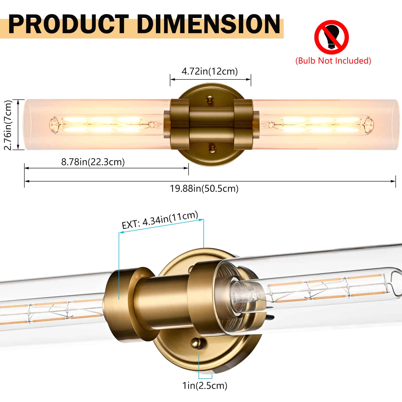 Modern Gold Wall Sconce with Clear Glass Tube Bathroom Wall Light Fixtures