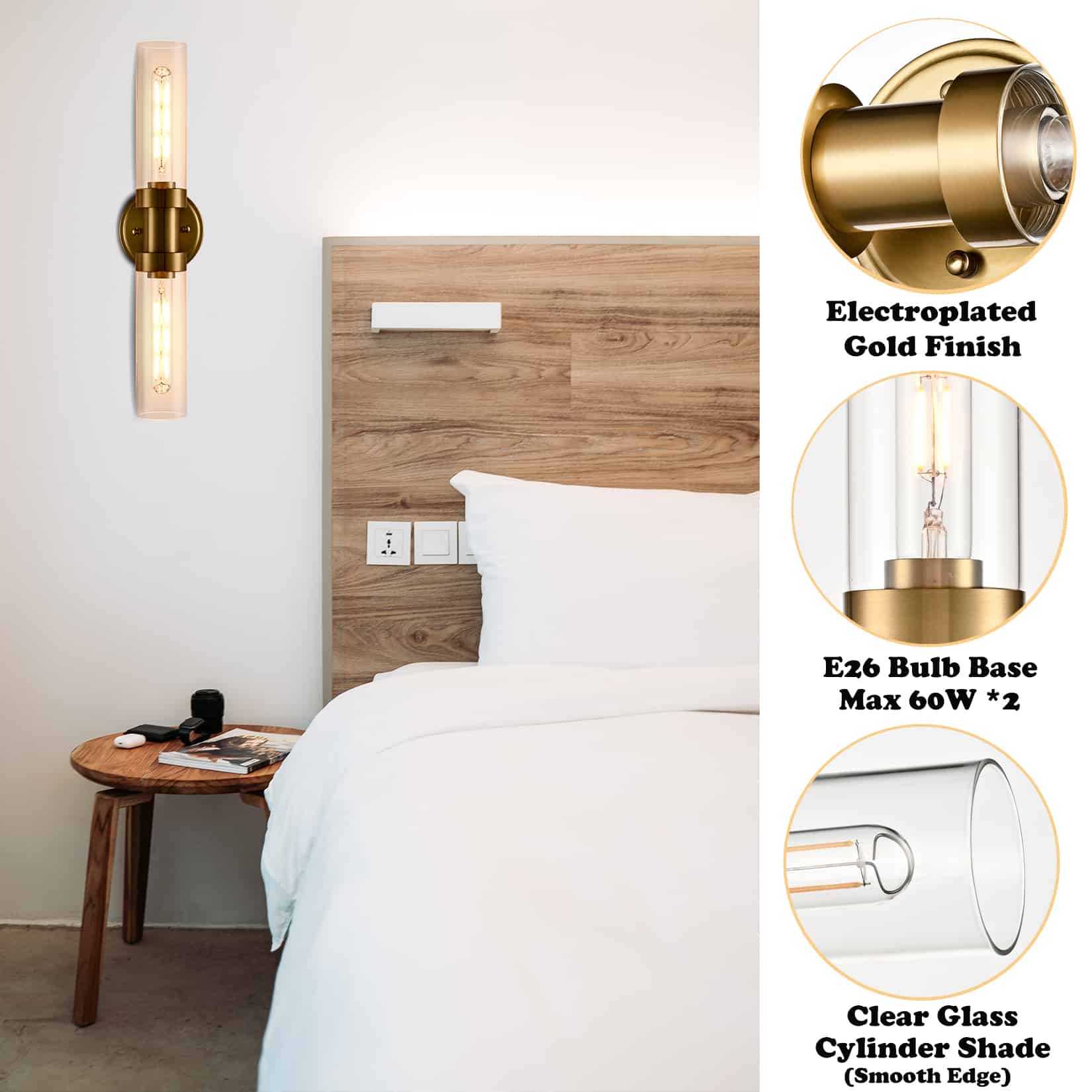 Modern Gold Wall Sconce with Clear Glass Tube Bathroom Wall Light Fixtures