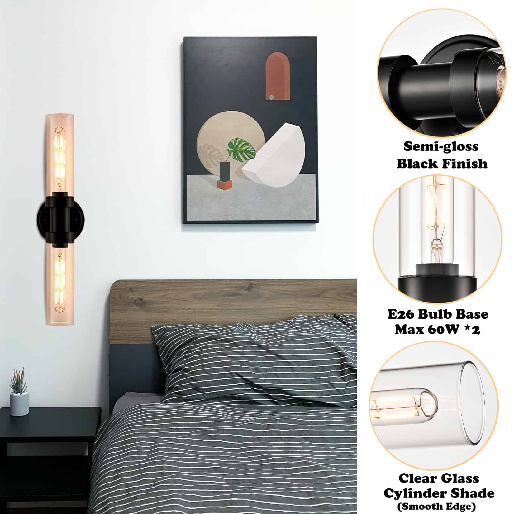 Black Bathroom Wall Sconce with Clear Glass Tube Vanity Light Fixtures
