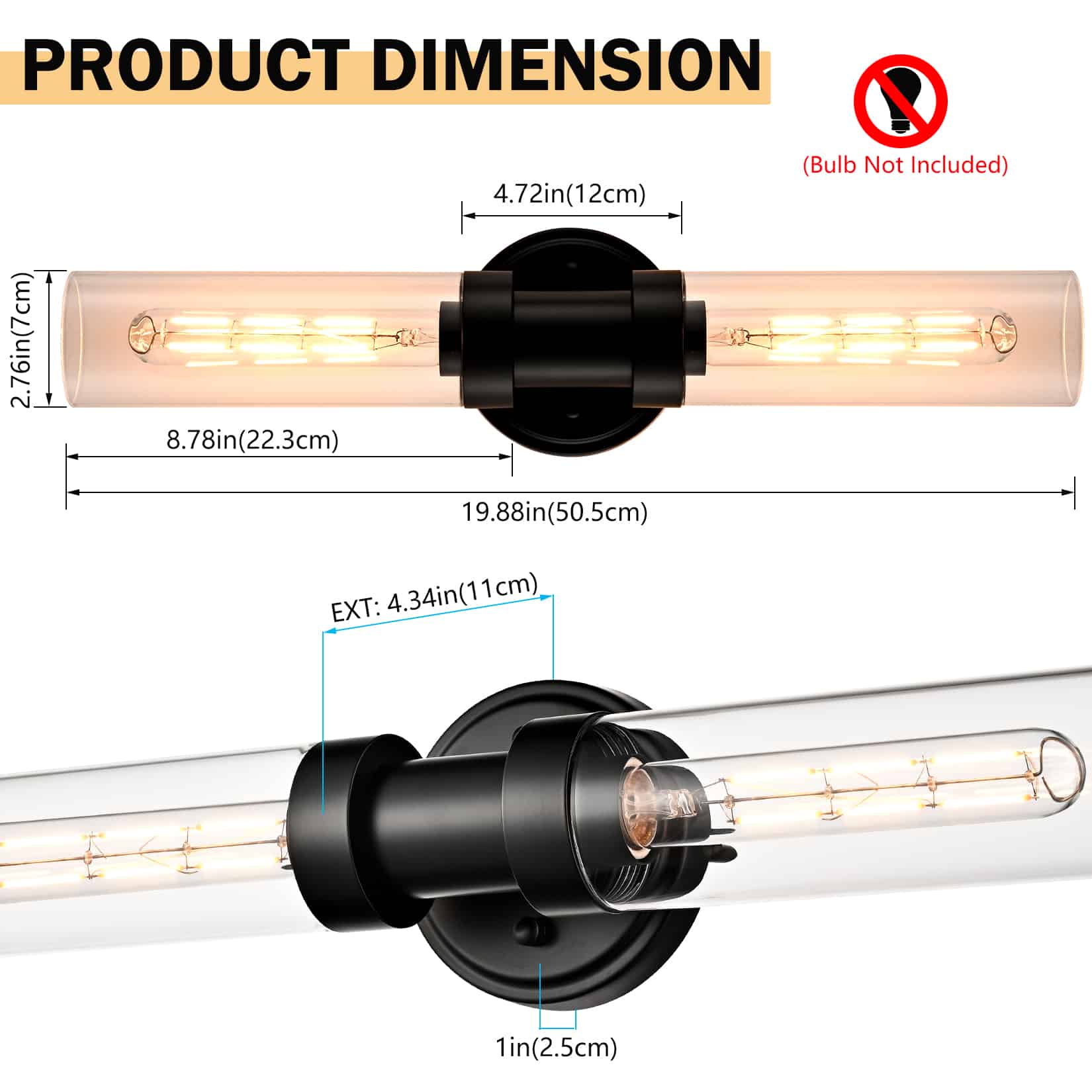 Black Bathroom Wall Sconce with Clear Glass Tube Vanity Light Fixtures