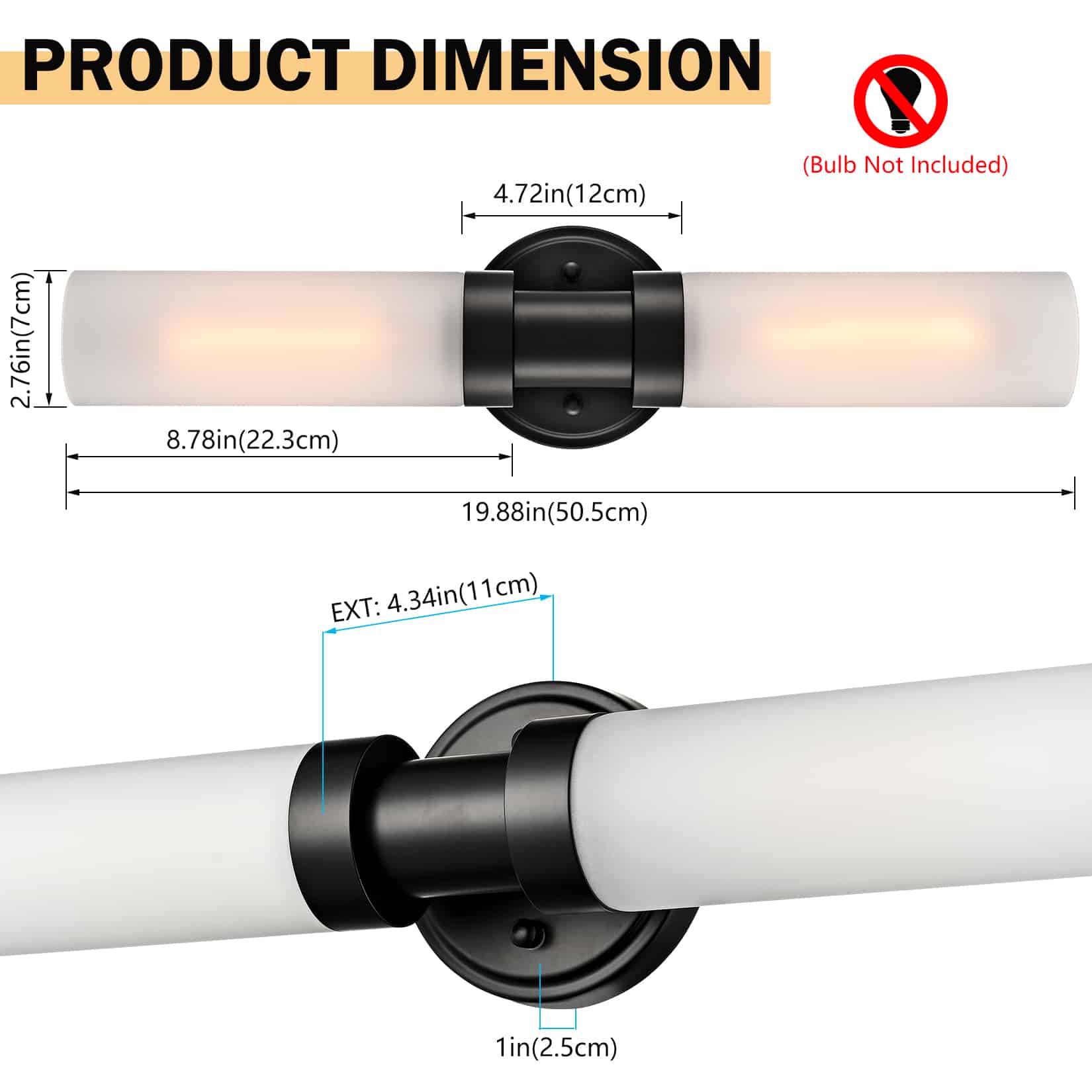 Modern Black Wall Sconce with Frosted Glass Tube Bathroom Light Fixtures