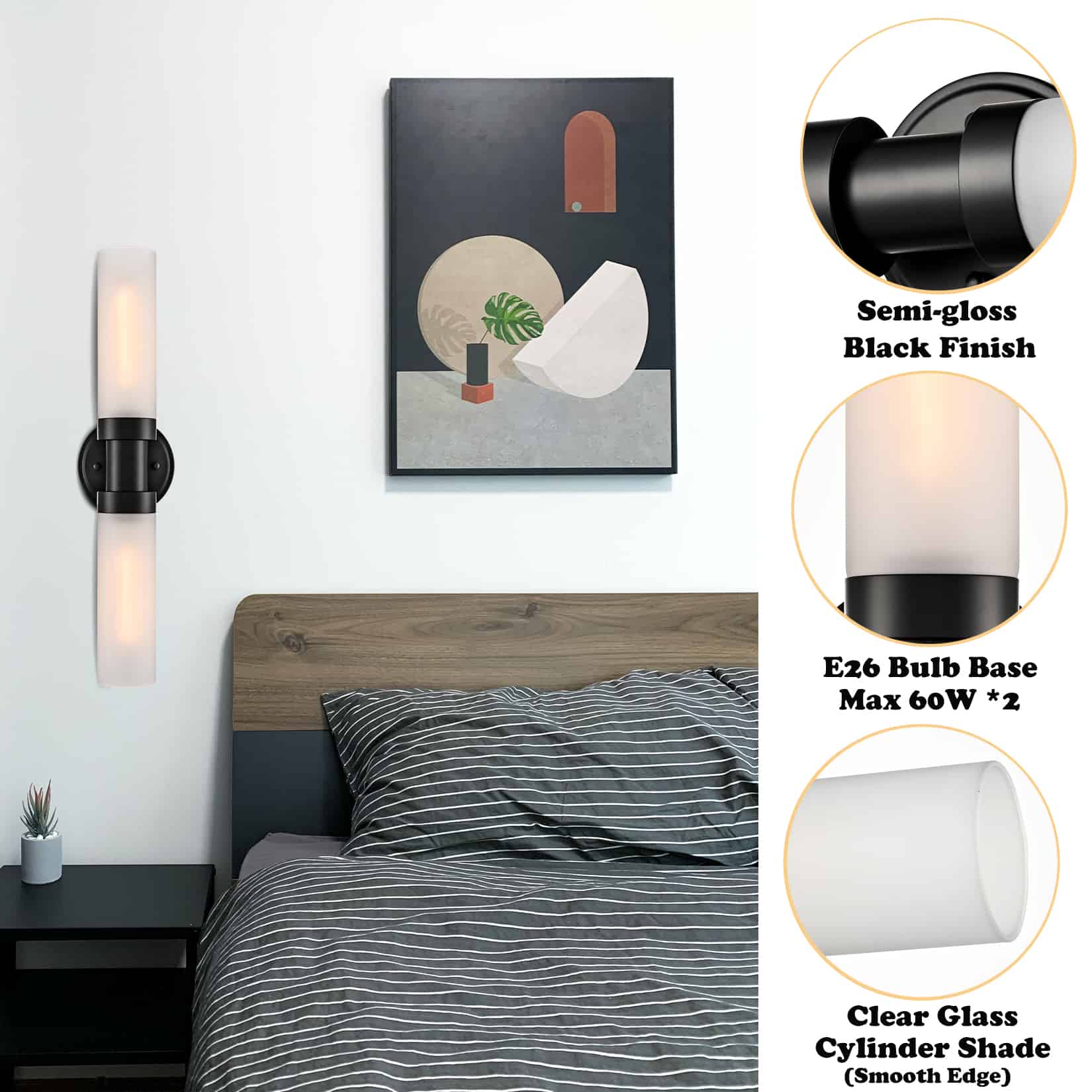 Modern Black Wall Sconce with Frosted Glass Tube Bathroom Light Fixtures