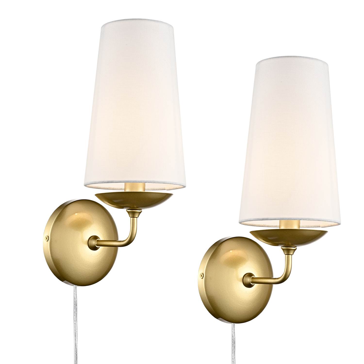 Gold Plug In Wall Sconce Fabric Shade Set of Two Brass with Switch