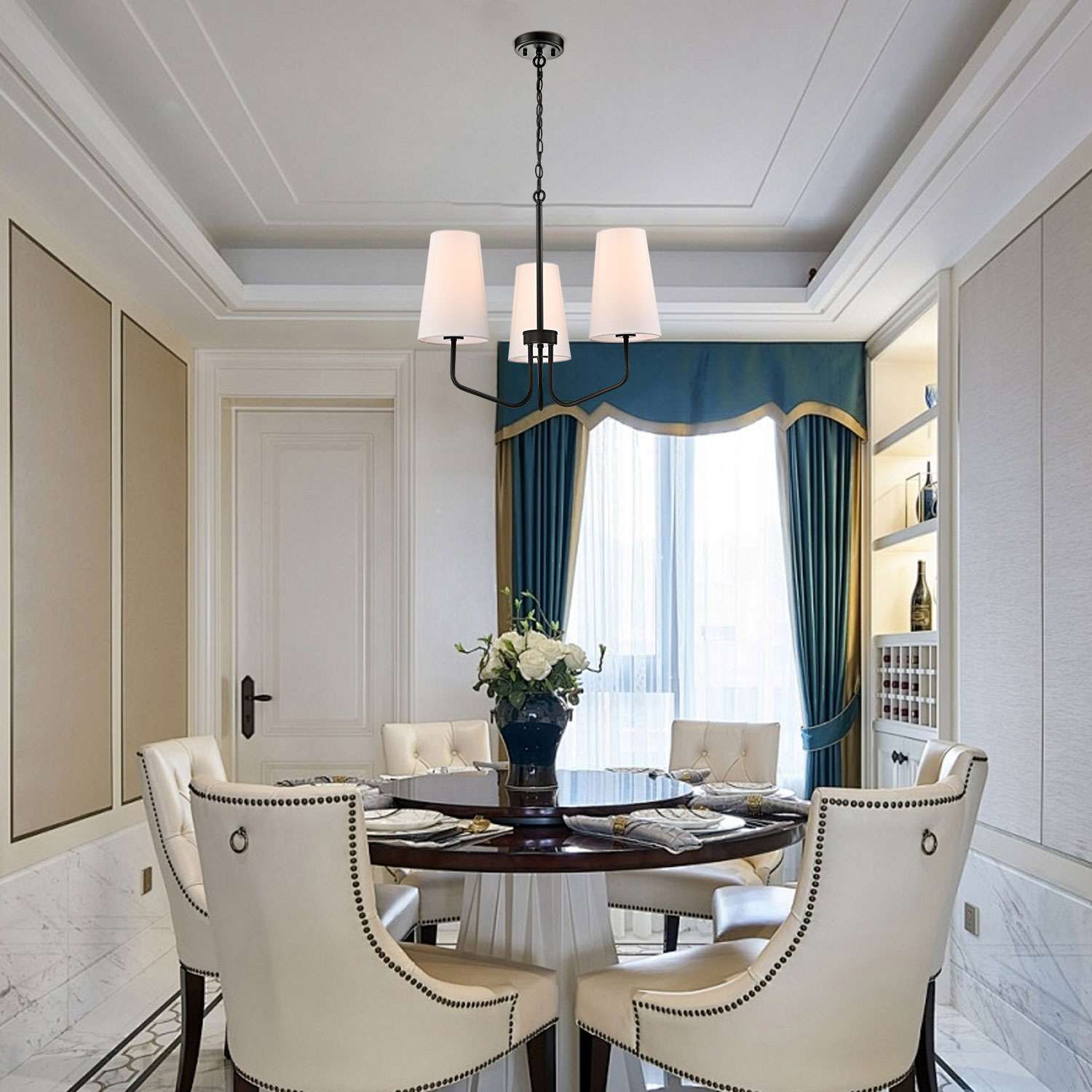 3-light Modern Black Pendant Light Fixture with Fabric Shade for Bedroom