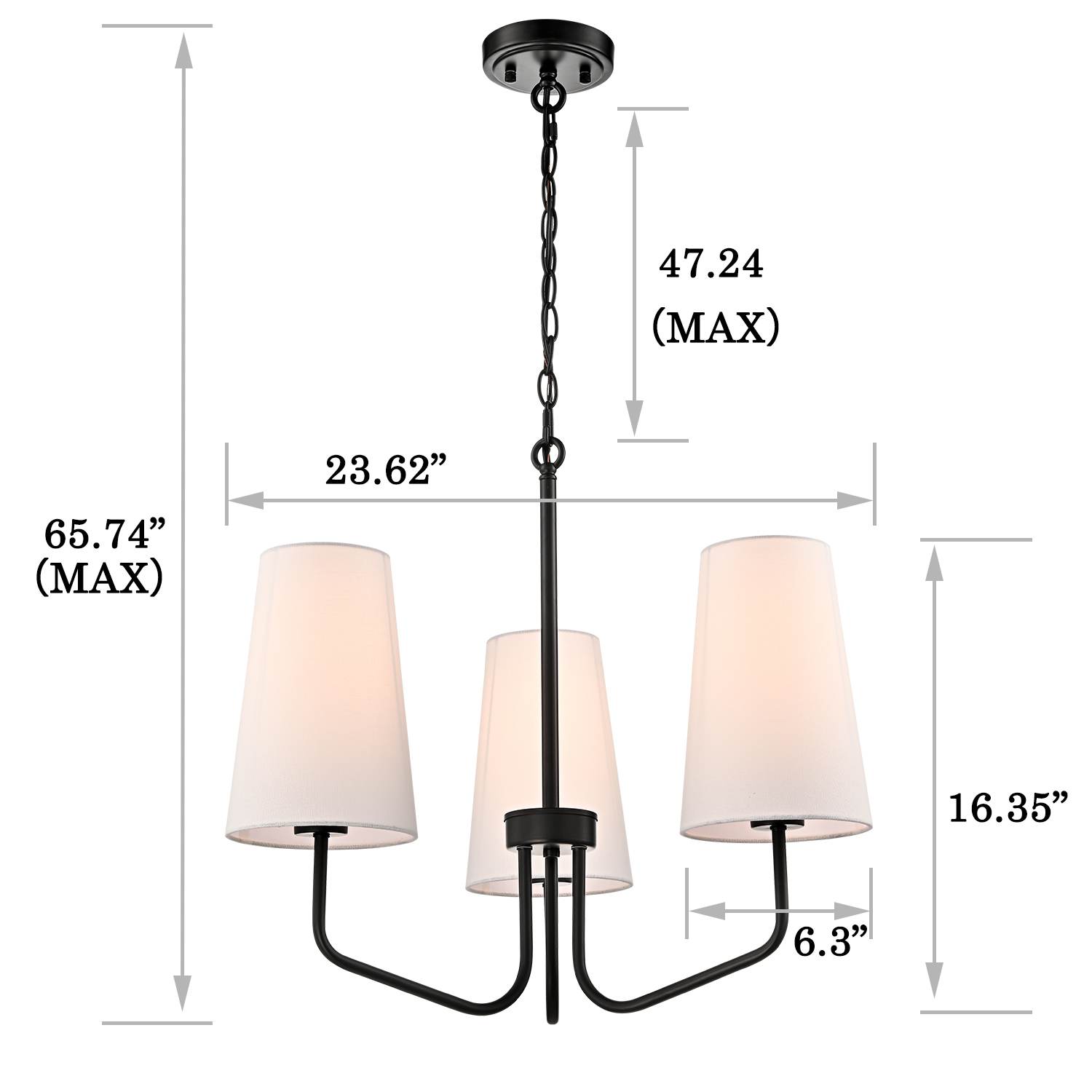 3-light Modern Black Pendant Light Fixture with Fabric Shade for Bedroom