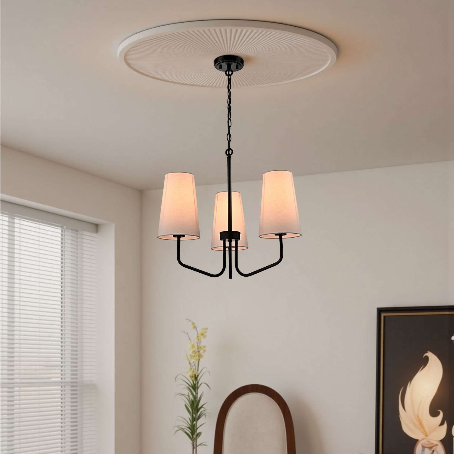 3-light Modern Black Pendant Light Fixture with Fabric Shade for Bedroom
