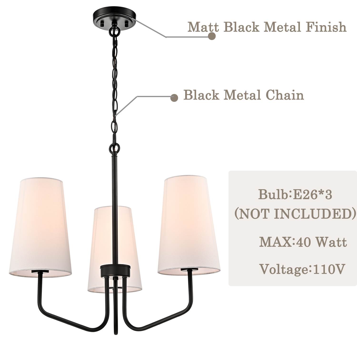3-light Modern Black Pendant Light Fixture with Fabric Shade for Bedroom