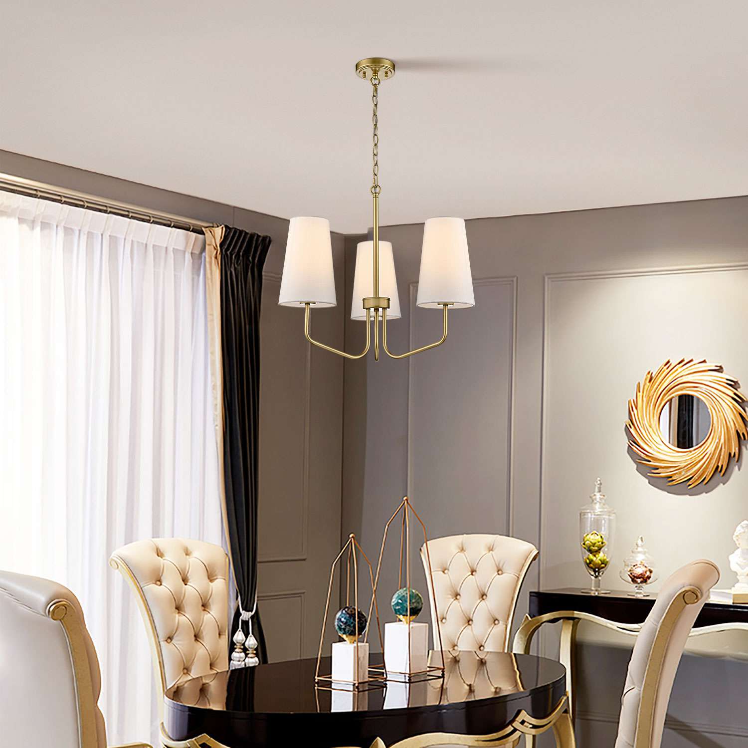 3-light Vintage Gold Pendant Light Fixture with Fabric Shade for Bedroom