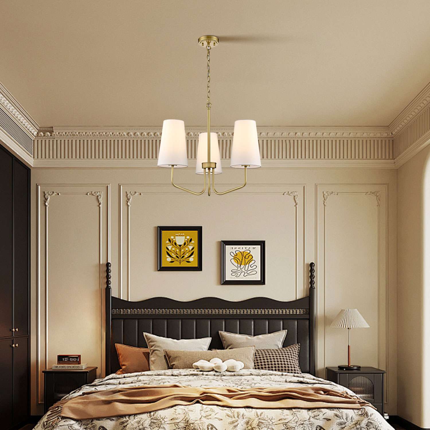 3-light Vintage Gold Pendant Light Fixture with Fabric Shade for Bedroom