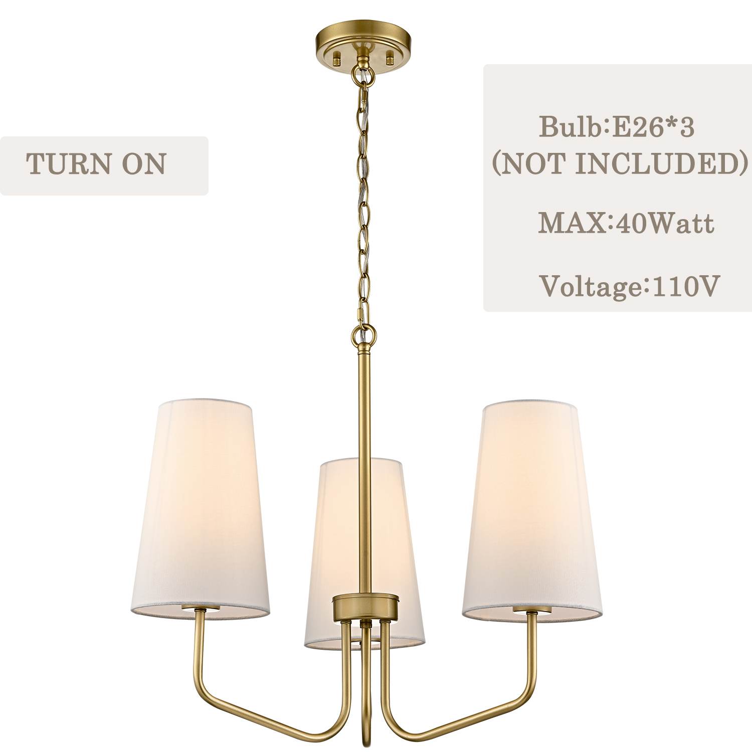 3-light Vintage Gold Pendant Light Fixture with Fabric Shade for Bedroom