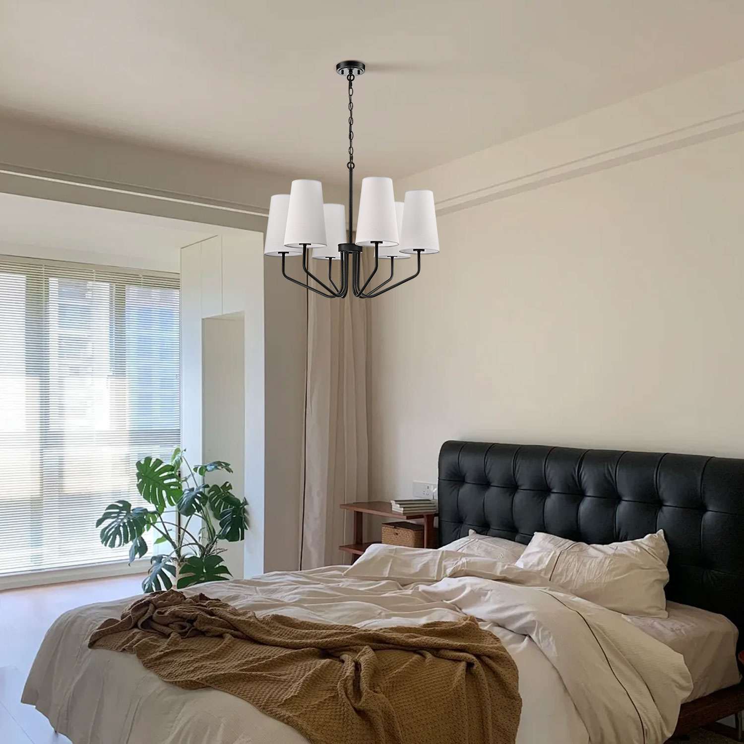 Modern Black Fabric Shade Pendant Light Fixture - 6 Light