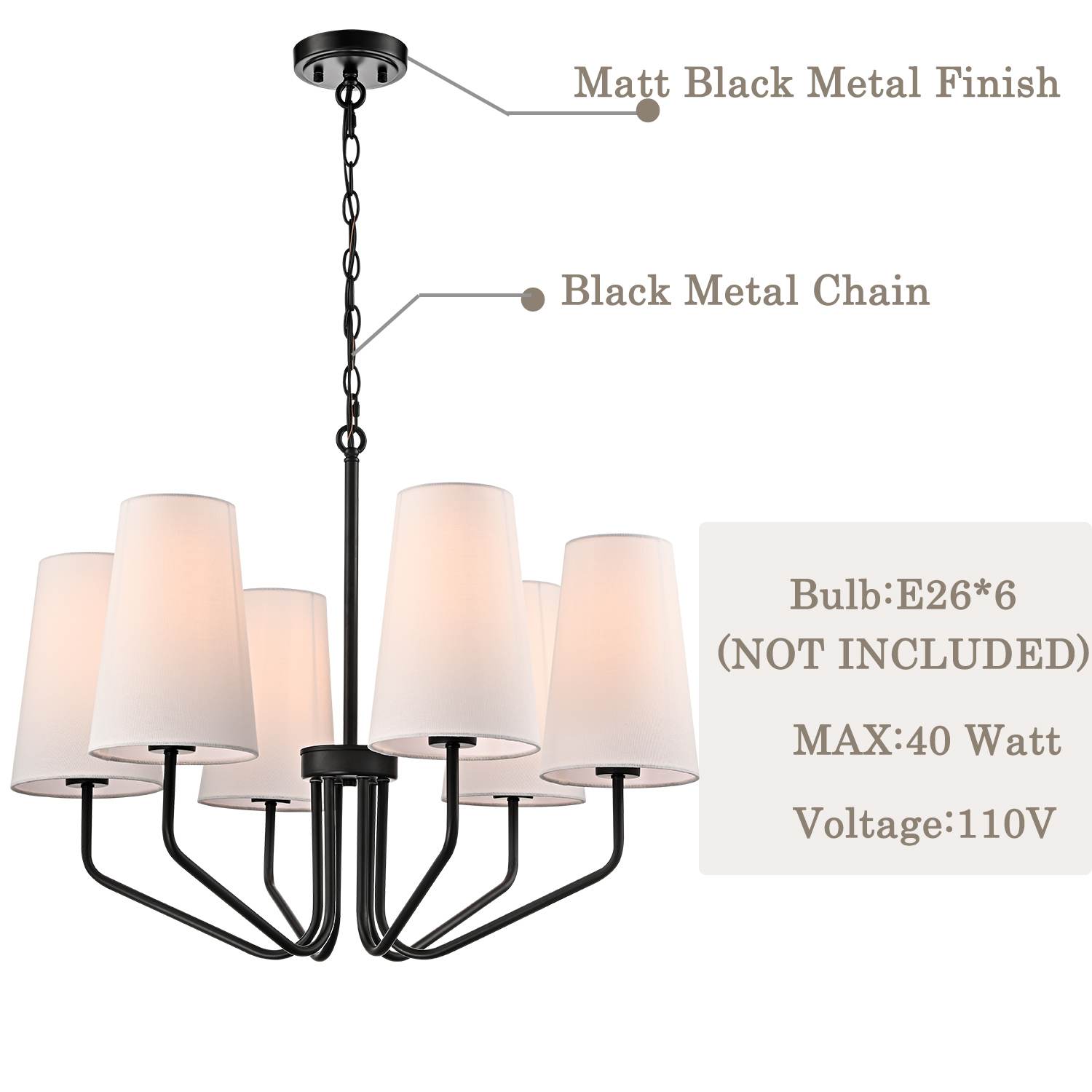 Modern Black Fabric Shade Pendant Light Fixture - 6 Light