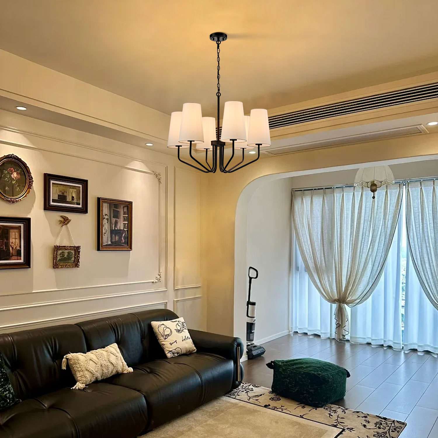 Modern Black Fabric Shade Pendant Light Fixture - 6 Light