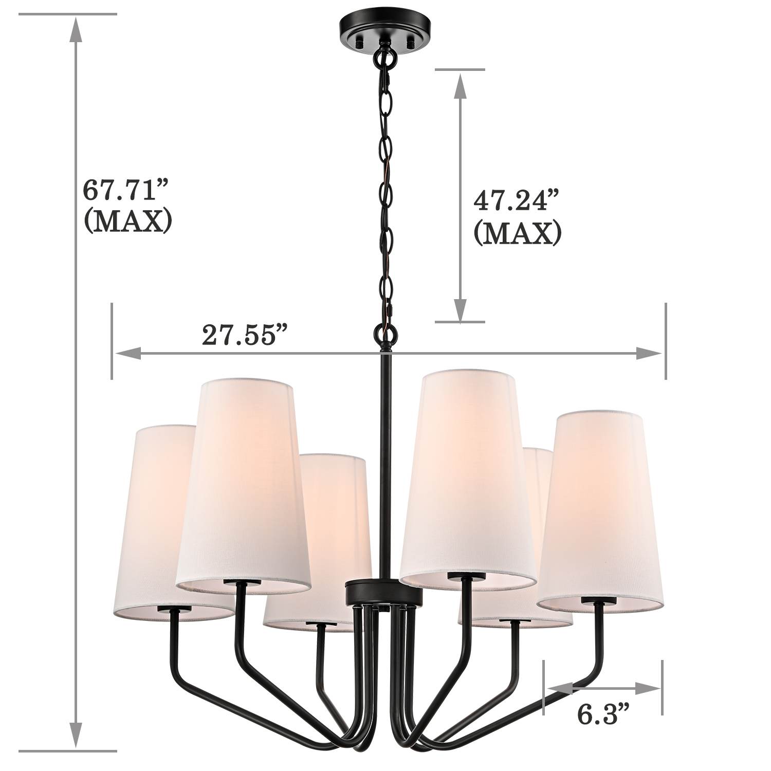 Modern Black Fabric Shade Pendant Light Fixture - 6 Light