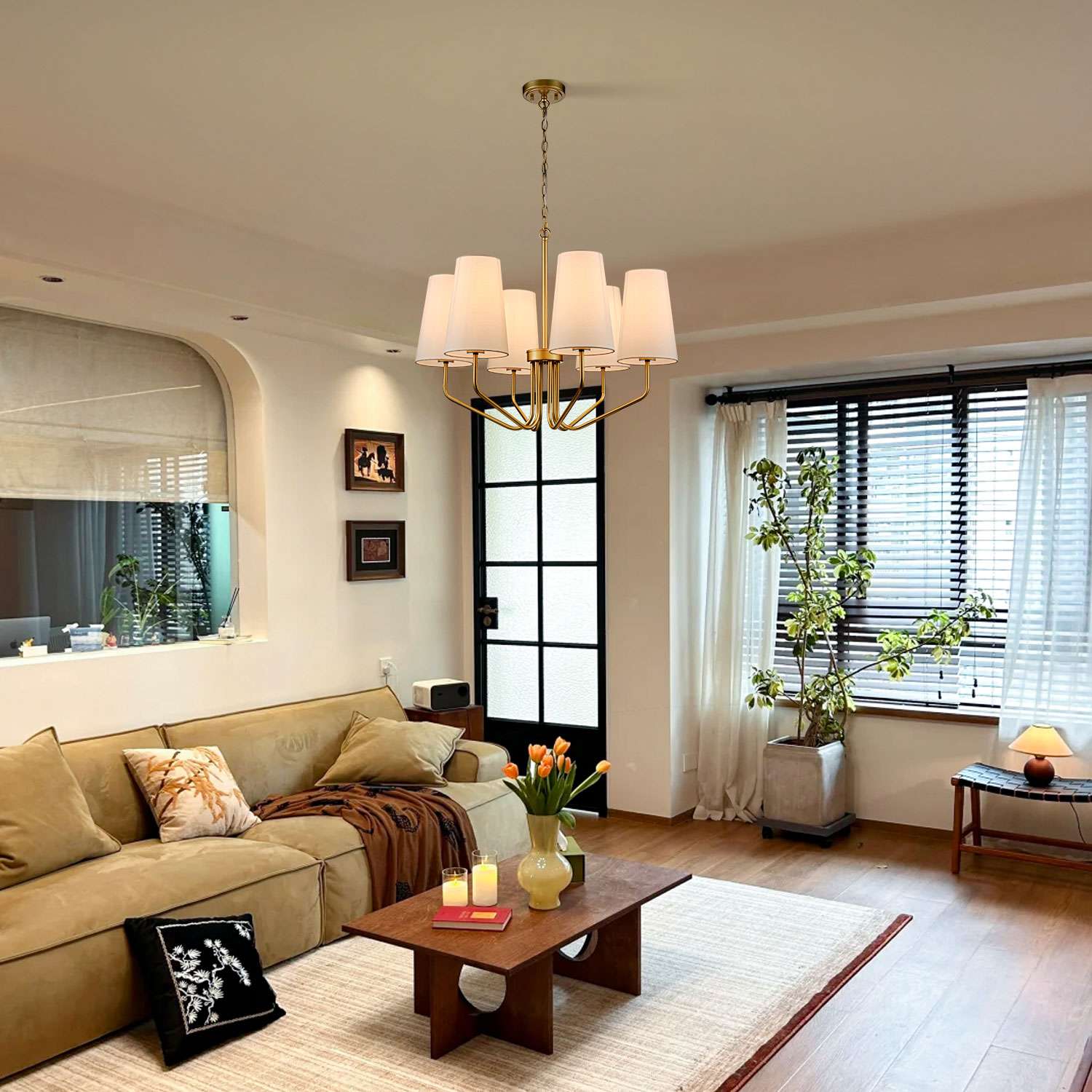 Modern Brass Fabric Shade Pendant Light Fixture - 6 Light