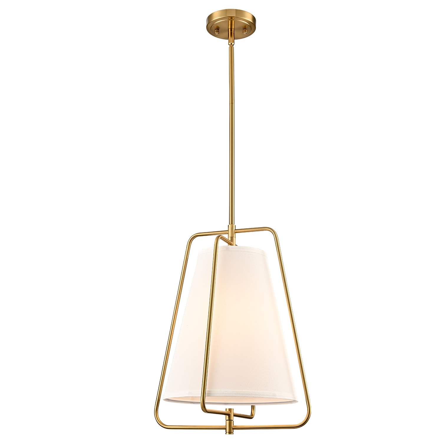 Vintage Gold Pendant Light with White Linen Fabric Adjustable Height Chandelier Brass