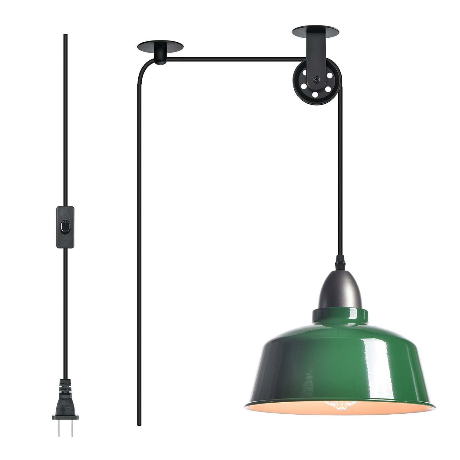 Green Farmhouse Plug in Pendant Light Pulley Pendant Lamp