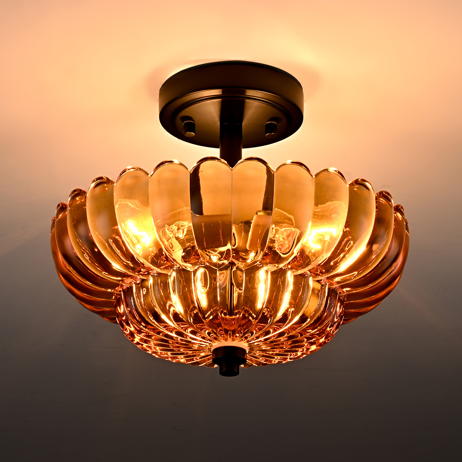 3-Light Modern Black Semi Flush Mount Ceiling Light with Scalloped Amber Glass Shade