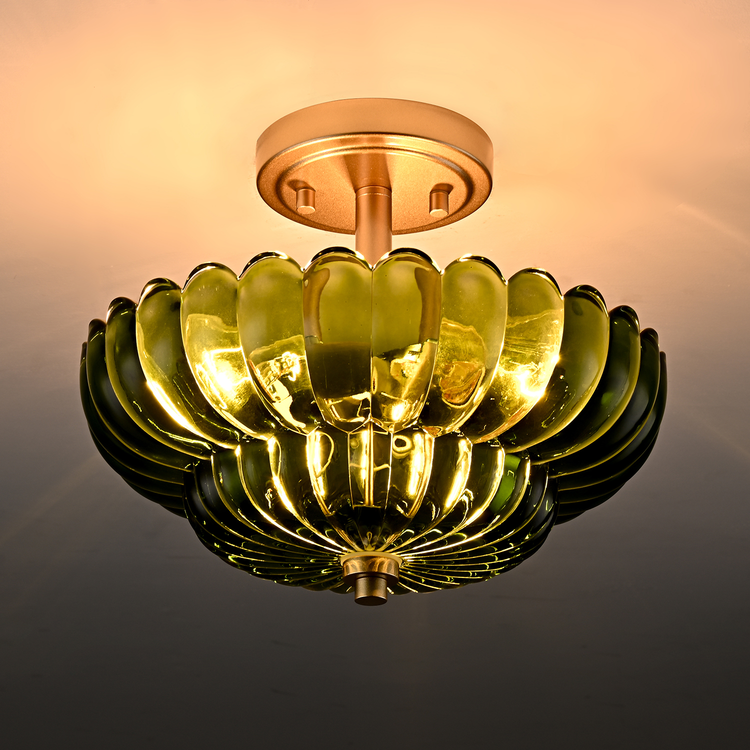 3-Light Modern Gold Semi Flush Mount Ceiling Light with Scalloped Green Glass Shade