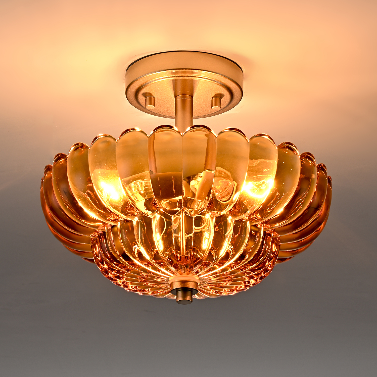 3-Light Modern Gold Semi Flush Mount Ceiling Light with Scalloped Amber Glass Shade