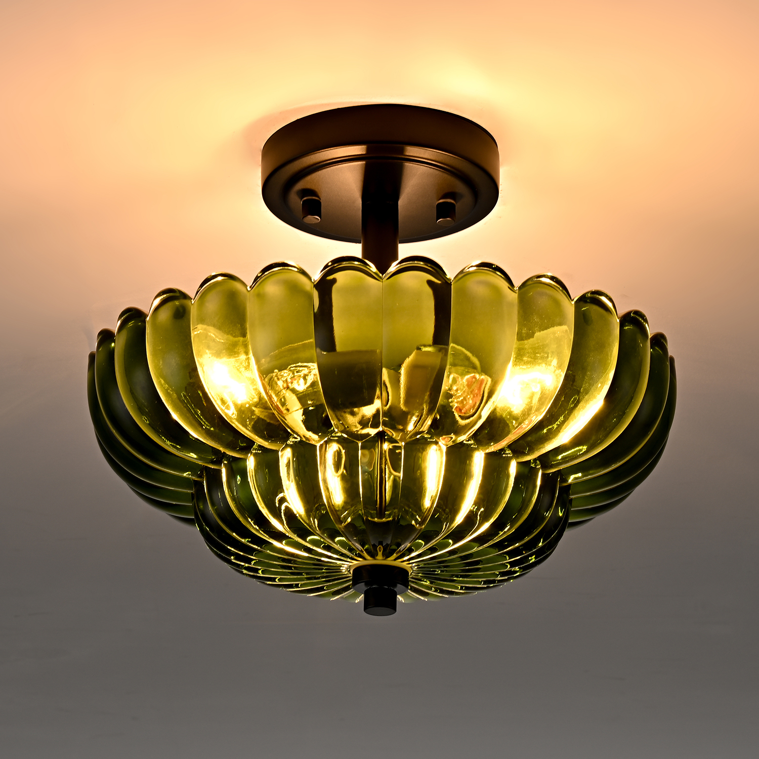 3-Light Modern Black Semi Flush Mount Ceiling Light with Scalloped Green Glass Shade