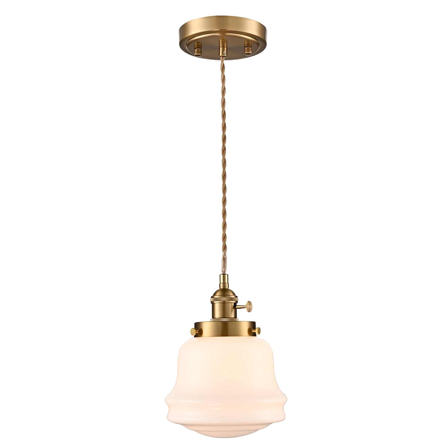 Industrial Milk Glass Pendant Light Fixture Brass Adjustable Schoolhouse Hanging Light