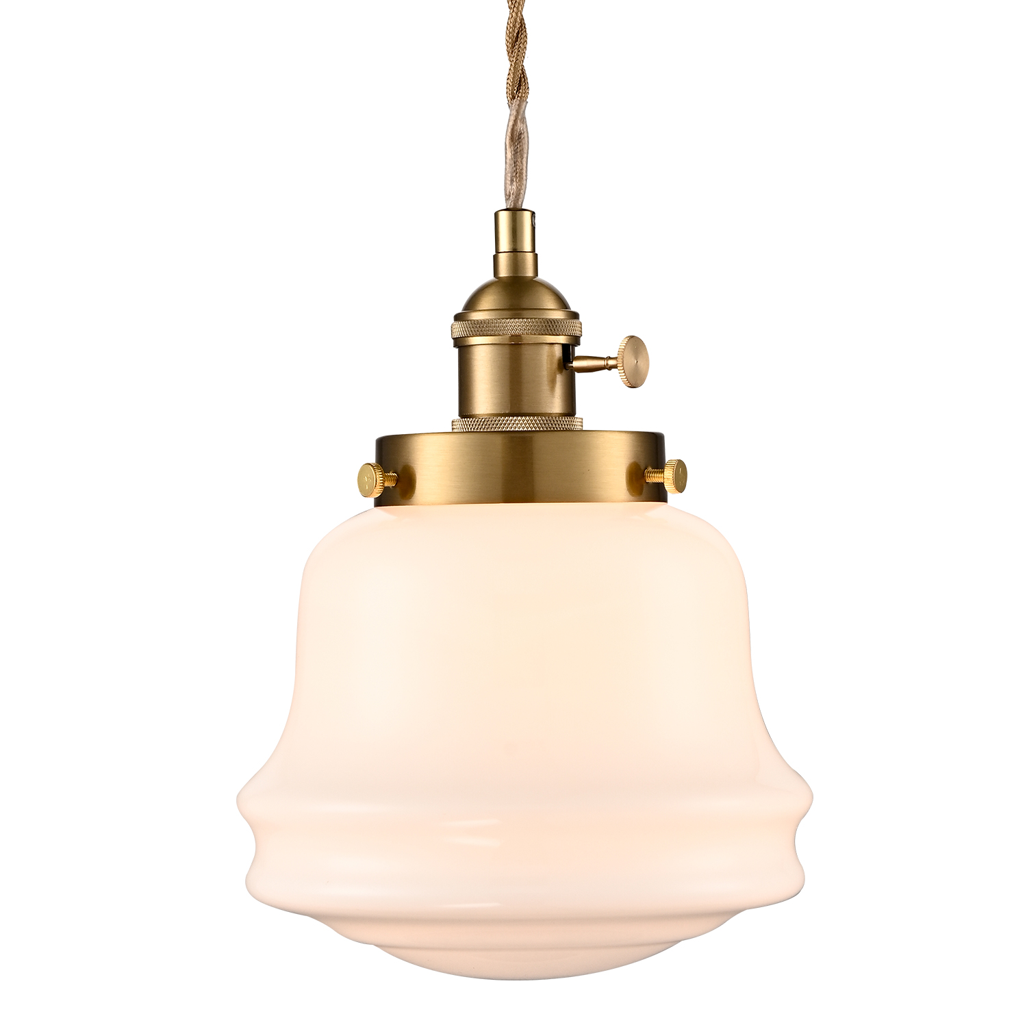 Industrial Milk Glass Pendant Light Fixture Brass Adjustable Schoolhouse Hanging Light