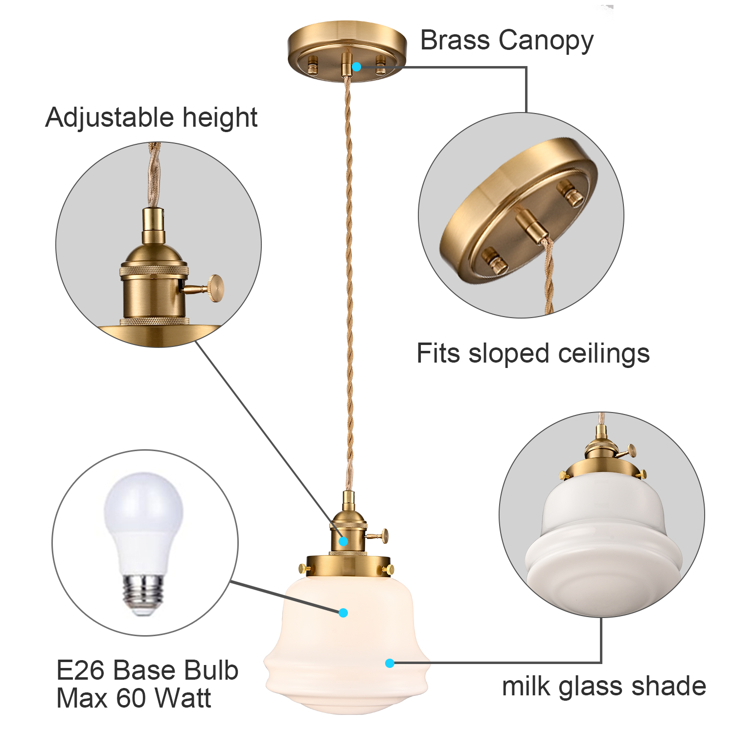 Industrial Milk Glass Pendant Light Fixture Brass Adjustable Schoolhouse Hanging Light