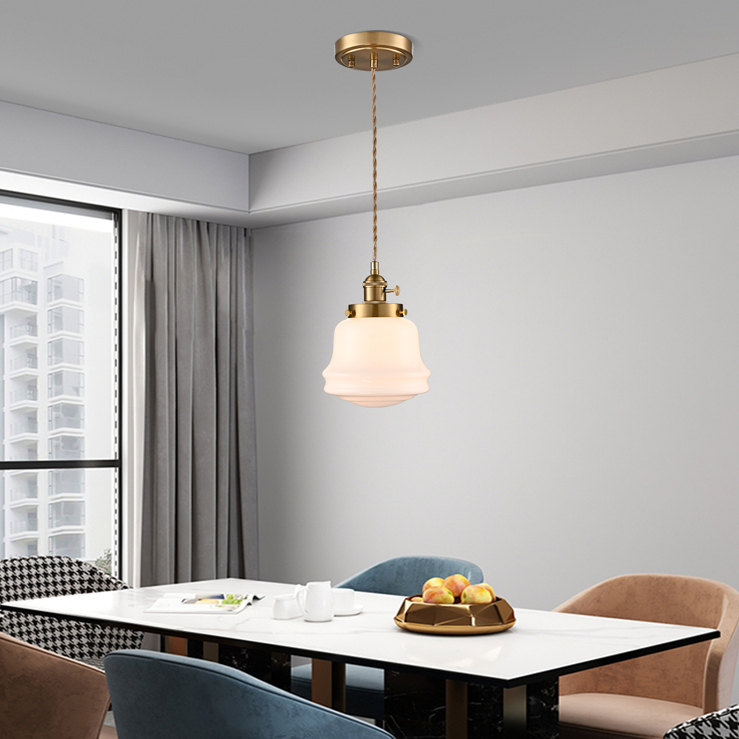 Industrial Milk Glass Pendant Light Fixture Brass Adjustable Schoolhouse Hanging Light