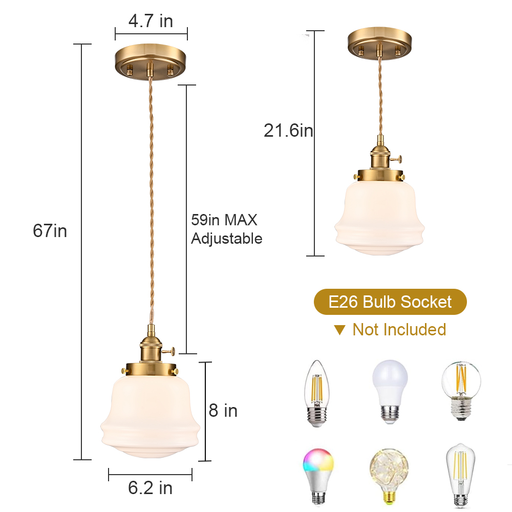 Industrial Milk Glass Pendant Light Fixture Brass Adjustable Schoolhouse Hanging Light