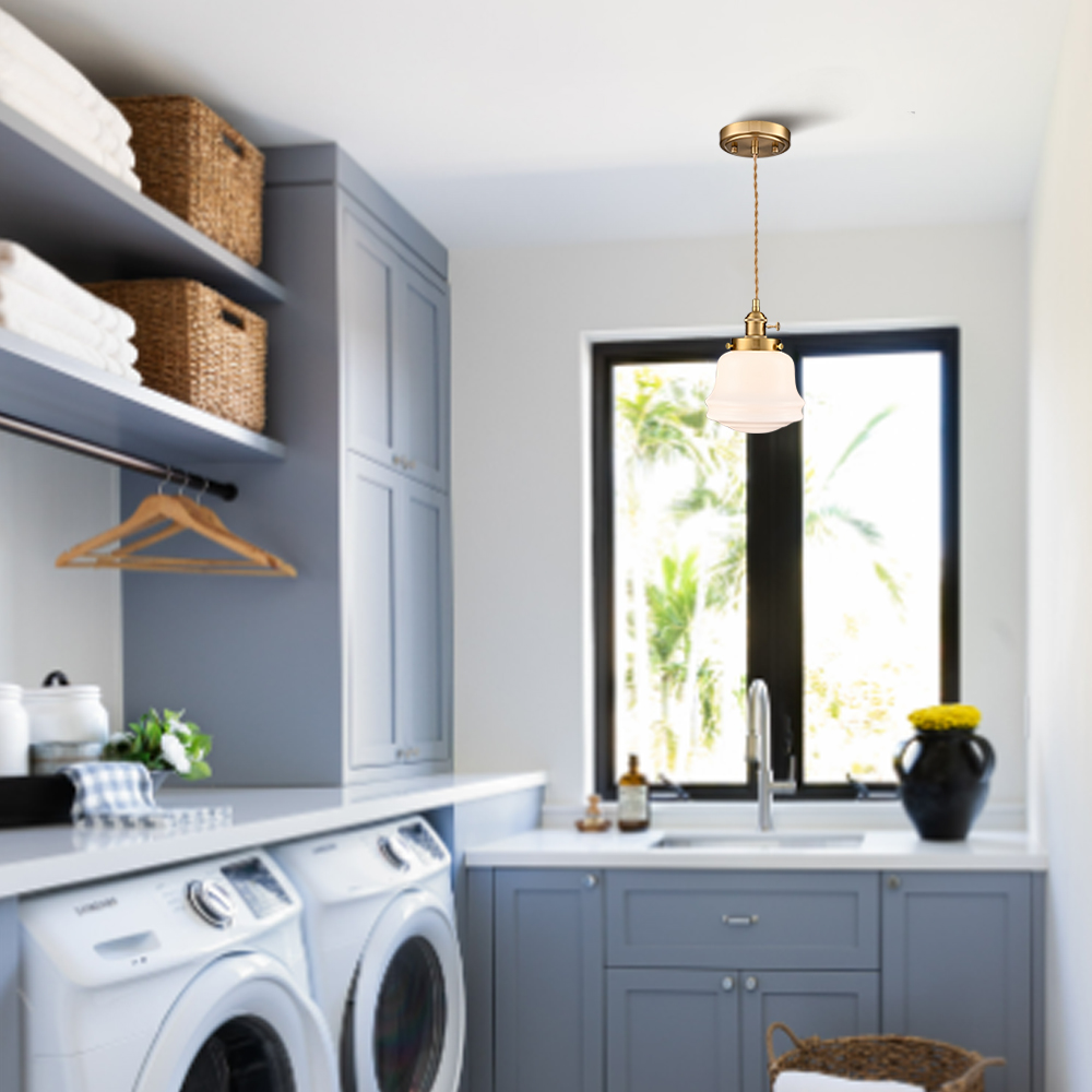 Industrial Milk Glass Pendant Light Fixture Brass Adjustable Schoolhouse Hanging Light