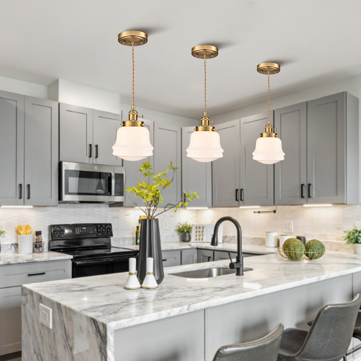 Industrial Milk Glass Pendant Light Fixture Brass Adjustable Schoolhouse Hanging Light