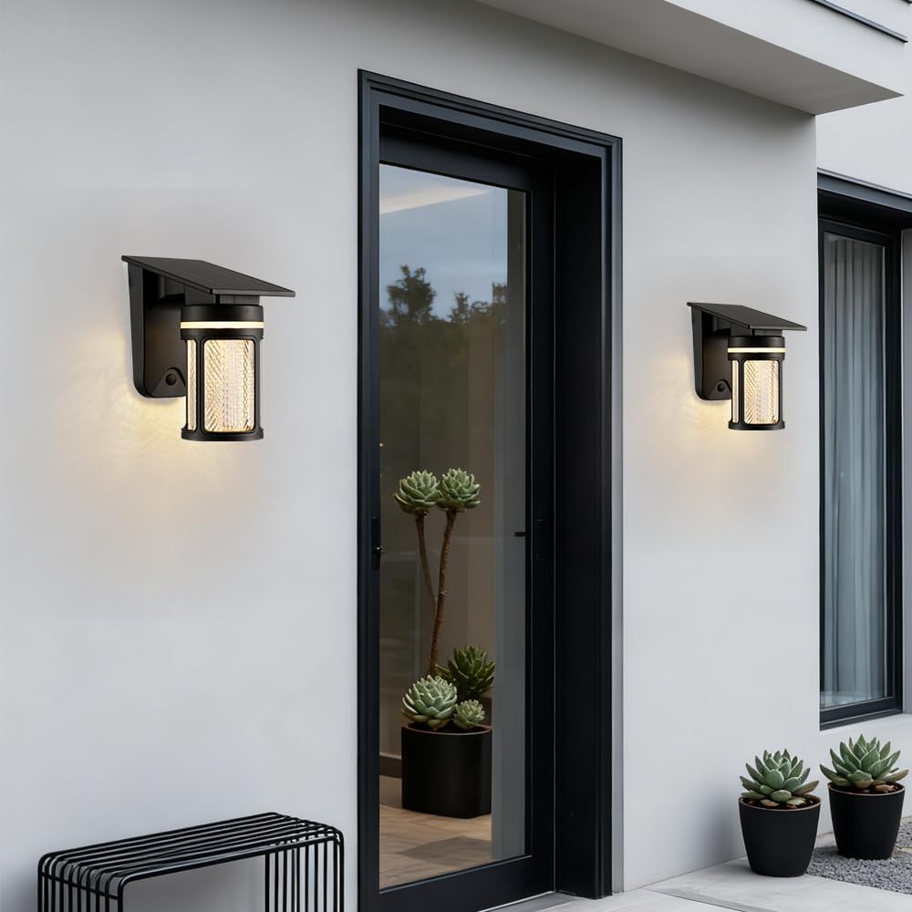 Black Cylinder Outdoor Solar Wall Lights Dusk to Dawn Exterior Sconce Lights with Remote Control 2 Pack 