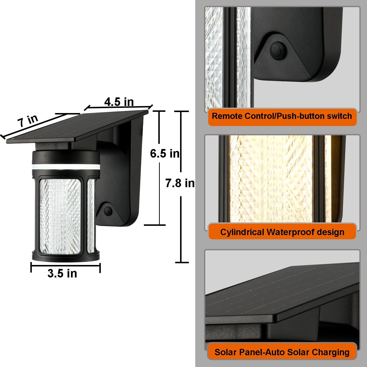 Black Cylinder Outdoor Solar Wall Lights Dusk to Dawn Exterior Sconce Lights with Remote Control 2 Pack 