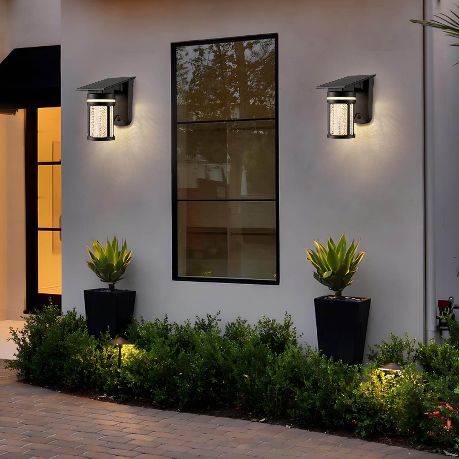 Black Cylinder Outdoor Solar Wall Lights Dusk to Dawn Exterior Sconce Lights with Remote Control 2 Pack 