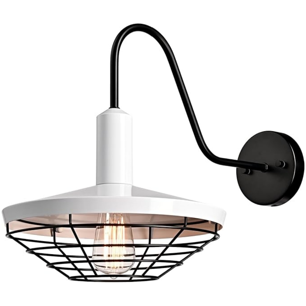 Farmhouse Wall Sconce Gooseneck Wall Light with White Barn Shade