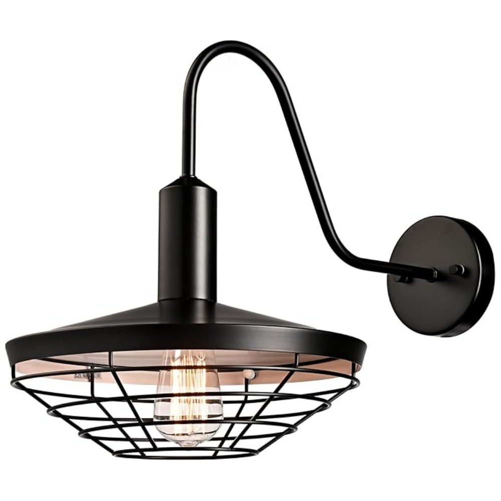 Black Wall Sconce 1-Light Farmhouse Gooseneck Wall Light Fixture with Barn Shade