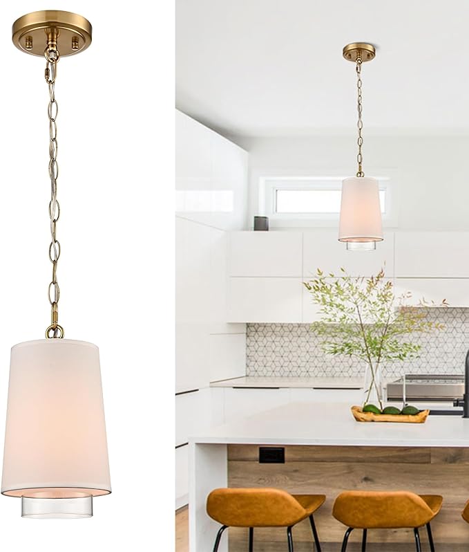Gold Pendant Light Mini Hanging Kitchen Light with Cone Linen Shade and Cylinder Glass Shade