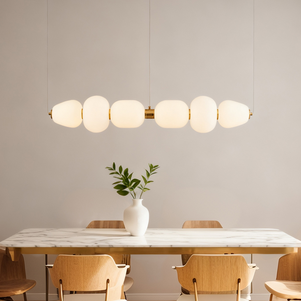 Modern Gold Globe LED Chandelier Linear Brass Pendant Light with Milk Glass Shade