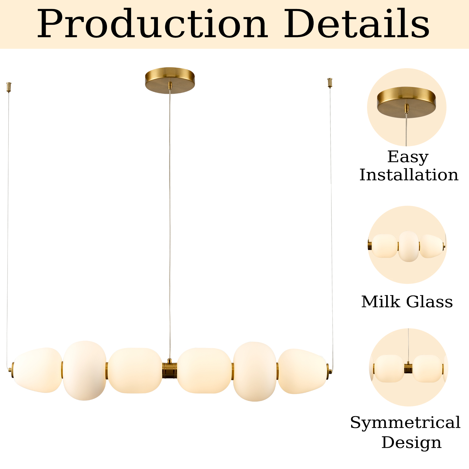 Modern Gold Globe LED Chandelier Linear Brass Pendant Light with Milk Glass Shade