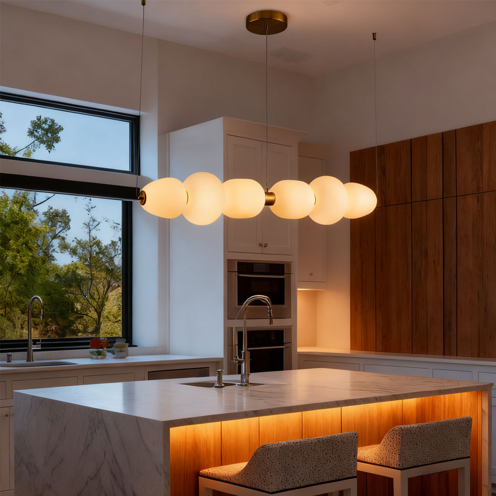 Modern Gold Globe LED Chandelier Linear Brass Pendant Light with Milk Glass Shade